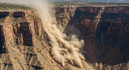 Nature's raw power is displayed as a significant rockslide creates a cloud of dust within a vast desert canyon.