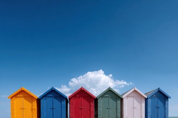 Row of colorful beach huts on a sunny summer day, blue sky above