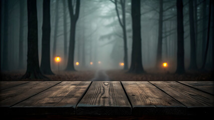 Wooden table in foggy evening park background