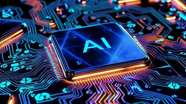 Close-up of a glowing microchip with 'AI' text on a futuristic circuit board, illuminated with vibrant blue and orange neon lights. Smooth rotating camera movement around the chip