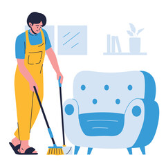 Illustration of an House Keeper Cleaning Floor Cartoon