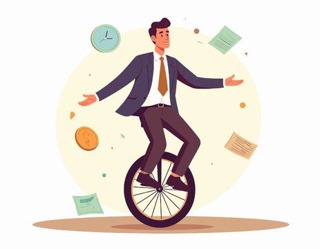 Businessman Balancing on Unicycle Juggling Clock Coins and Papers in a Flat Cartoon Vector Style With Brown Suit and Beige Background