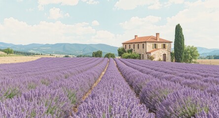 Obraz premium Lavender field in bloom with a stone house and a tall tree under a partly cloudy sky in the countryside