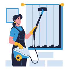 Illustration of an House Keeper Vacuum Curtain Cartoon