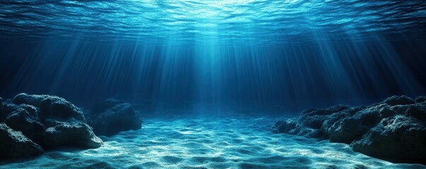 Naklejka premium Underwater scene with sunlight beams piercing through ocean surface, illuminating rocky seabed and creating a serene marine atmosphere.