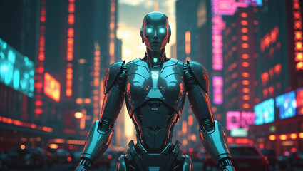 Futuristic AI humanoid robot standing in a neon-lit cyberpunk city