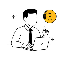 Businessman working on laptop with dollar sign. Online business and finance concept.