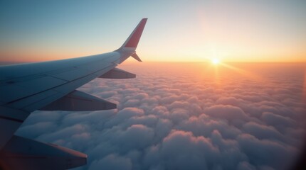 Fototapeta premium Airplane wing in the foreground above glowing clouds at sunset
