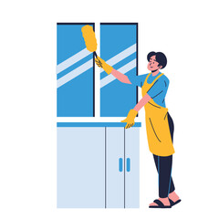Illustration of an House Keeper Wiping Window Cartoon