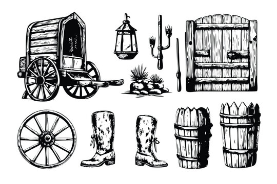 Wild West Props Vector Engraving Set. Detailed Monochrome Frontier Town Illustrations. Vintage Stipple & Hatching Style Icons & Symbols