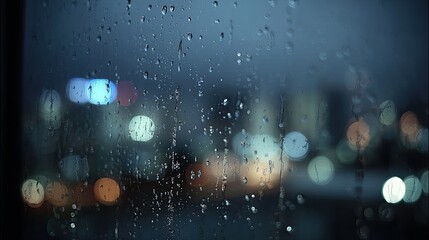 Rainy night city lights viewed through a window with raindrops