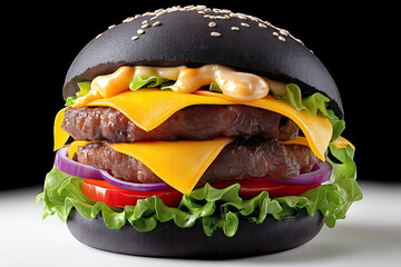 Gourmet Black Bun Cheeseburger: Trendy Fast Food with Fresh Ingredients and Premium Toppings in a Culinarily Delightful Cross-Section