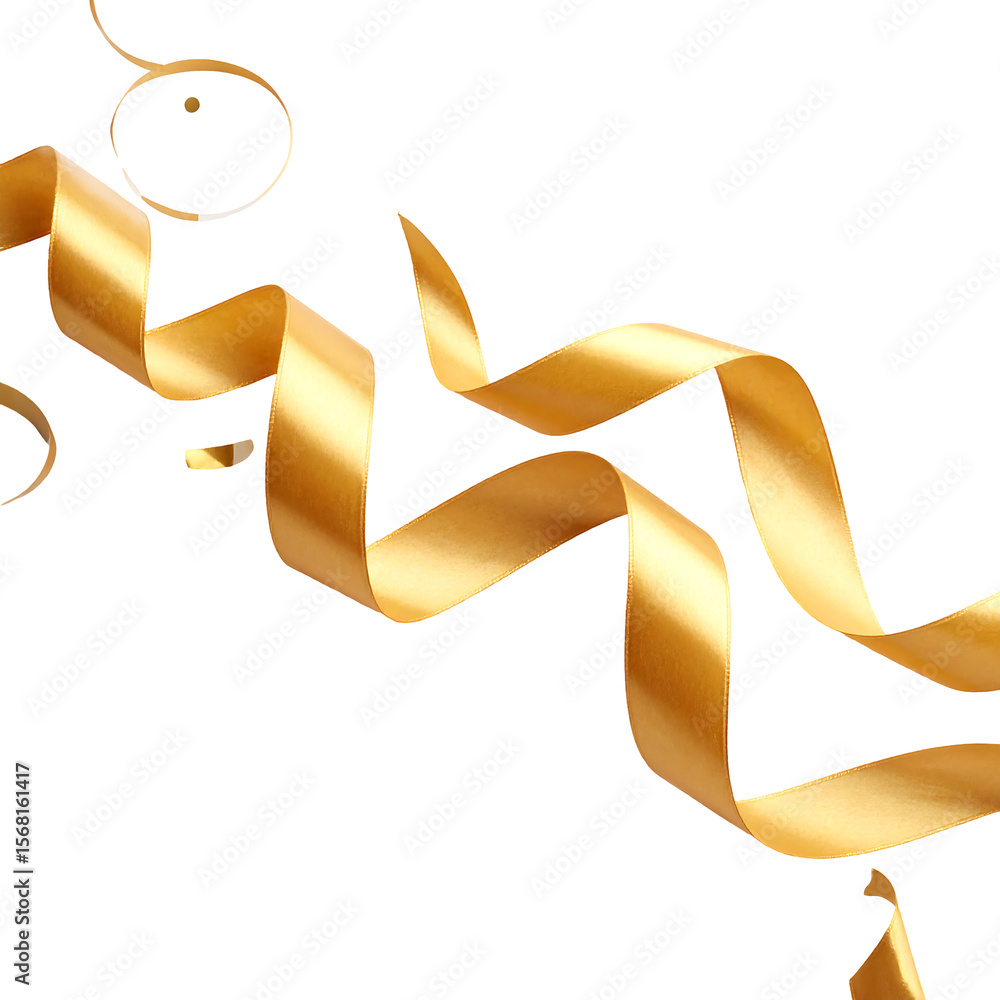 Poster golden ribbon swirls with floating edges in dynamic curves on transparent background
