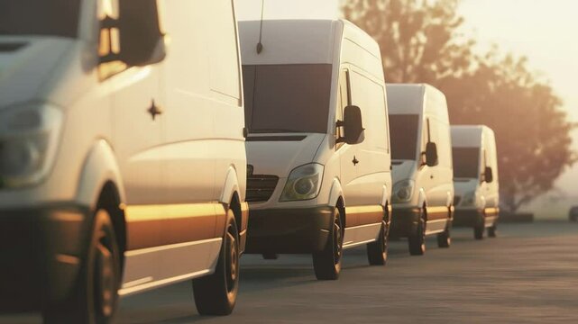 Fleet of white delivery vans parked along asphalt road near trees during golden sunrise, showcasing logistics and transportation industry organization