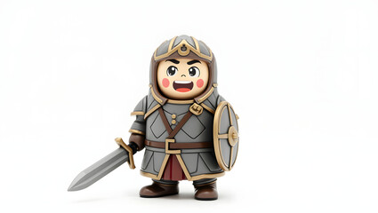3D-rendered warrior matryoshka in armor with sword and shield. Strong and fierce, isolated on white background, blending tradition with battle spirit.