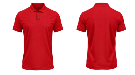 Red short sleeve Polo t-shirt in front and back view, mockup isolated on transparent background