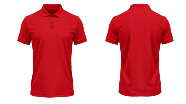 Red short sleeve Polo t-shirt in front and back view, mockup isolated on transparent background