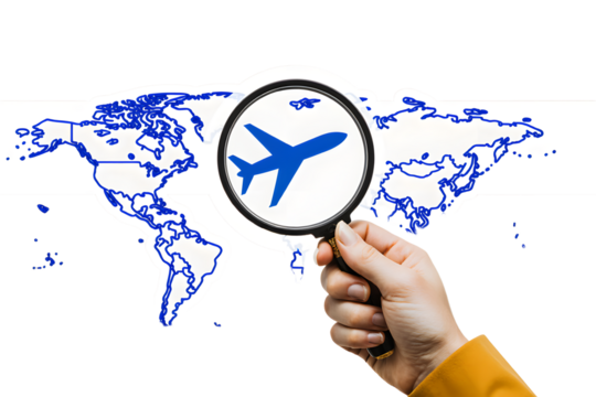Air travel and global exploration concept: A conceptual image featuring a magnifying glass focusing on an airplane icon superimposed on a world map, suggesting travel and destination selection