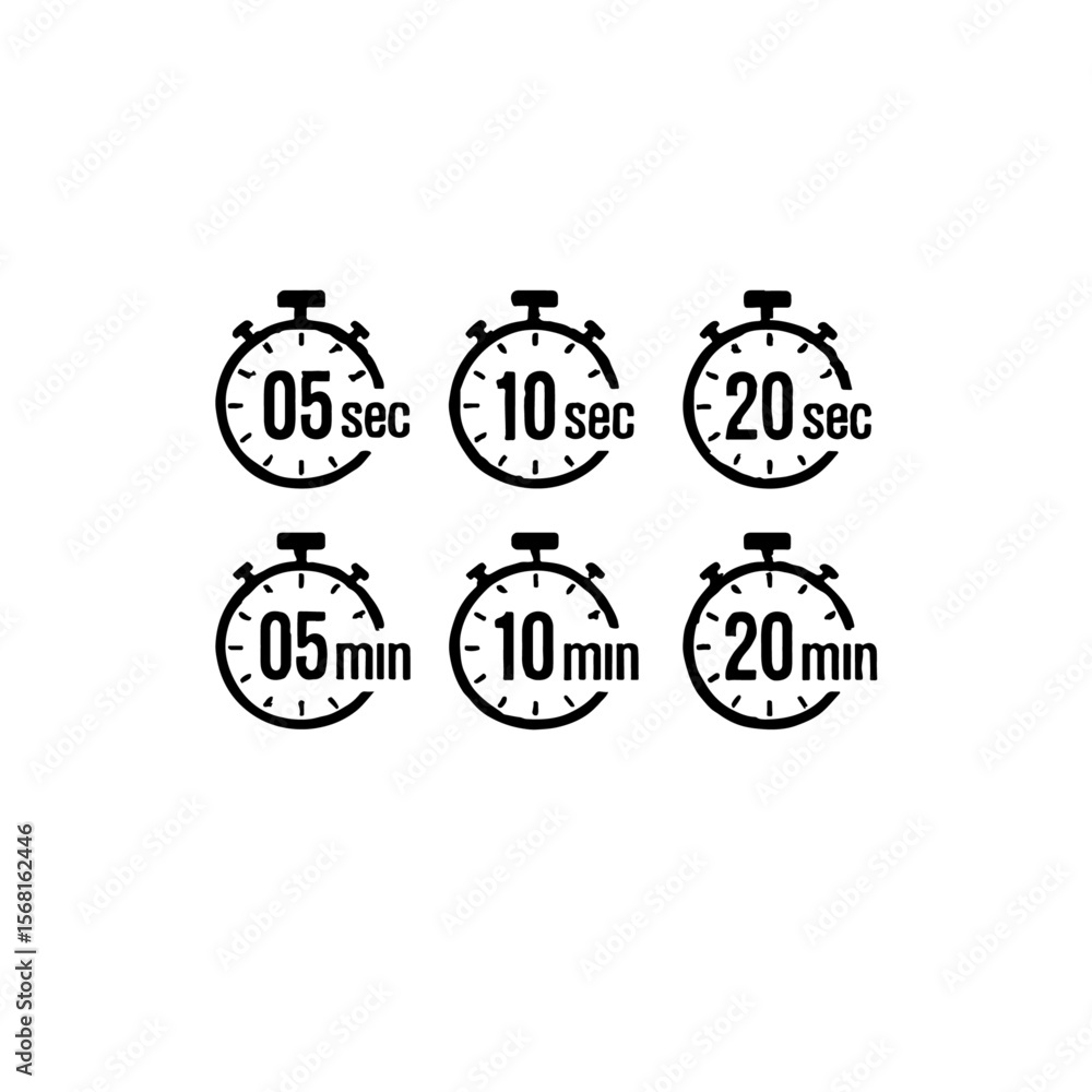 Poster collection of timer icons displaying seconds and minutes values
