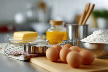 Kitchen counter with baking ingredients and cookie cutters