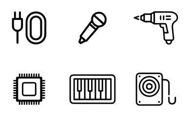 Electronics, Music, and Tool Devices Line Icons Set.