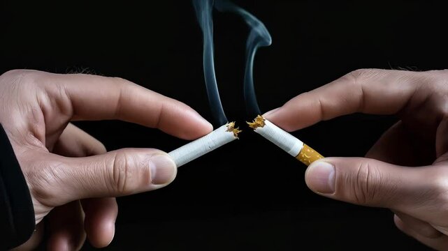Powerful visual metaphor showing human hands forcefully breaking cigarette in half, representing personal commitment to overcoming tobacco addiction and choosing healthier lifestyle