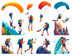 Colorful Hiking And Paragliding Adventures Set Against Mountainscapes Illustrations and Sky Backgrounds