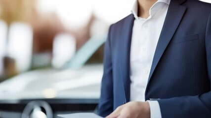 Professional car salesman confidently handing over new car keys to satisfied customer in modern dealership showroom, symbolizing successful automotive sales transaction