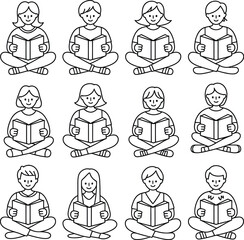 Readers' Grid — Silhouette Composition of Twelve Seated Cartoon Figures Engaged in Reading