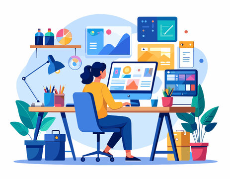Creative Designer at Desk Working on Computer with Blue Chair Table Lamp and Plants in Bright Modern Workspace