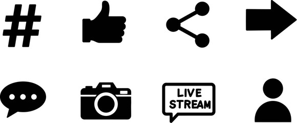 Social media icons set hashtag like share arrow comment camera live stream and user vector illustration