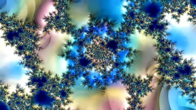 Psychedelic seamless loop animation of an evolving intricate blue and yellow fractal pattern