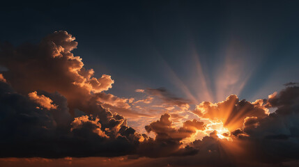 Fototapeta premium Golden Rays: Majestic sunlight bursts through dramatic, cloud-filled skies, illuminating a breathtaking vista.