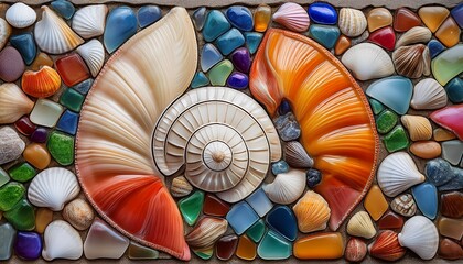 colorful mosaic with shells and natural stone elements
