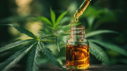 The glass bottle filled with golden cannabis oil and fresh green leaves