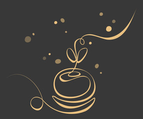Young plant with one golden line on dark background. Luxury vector design of flower business. Stylish isolated sprout pattern in flat style. Dynamic line with different thickness. Doodle design  
