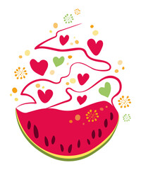 Summer juicy dessert from red watermelon. Refreshing bright taste is expressed by hearts and circles of bokeh different transparency. Vector isolated stylized drawing in flat style. Cafe, restaurant