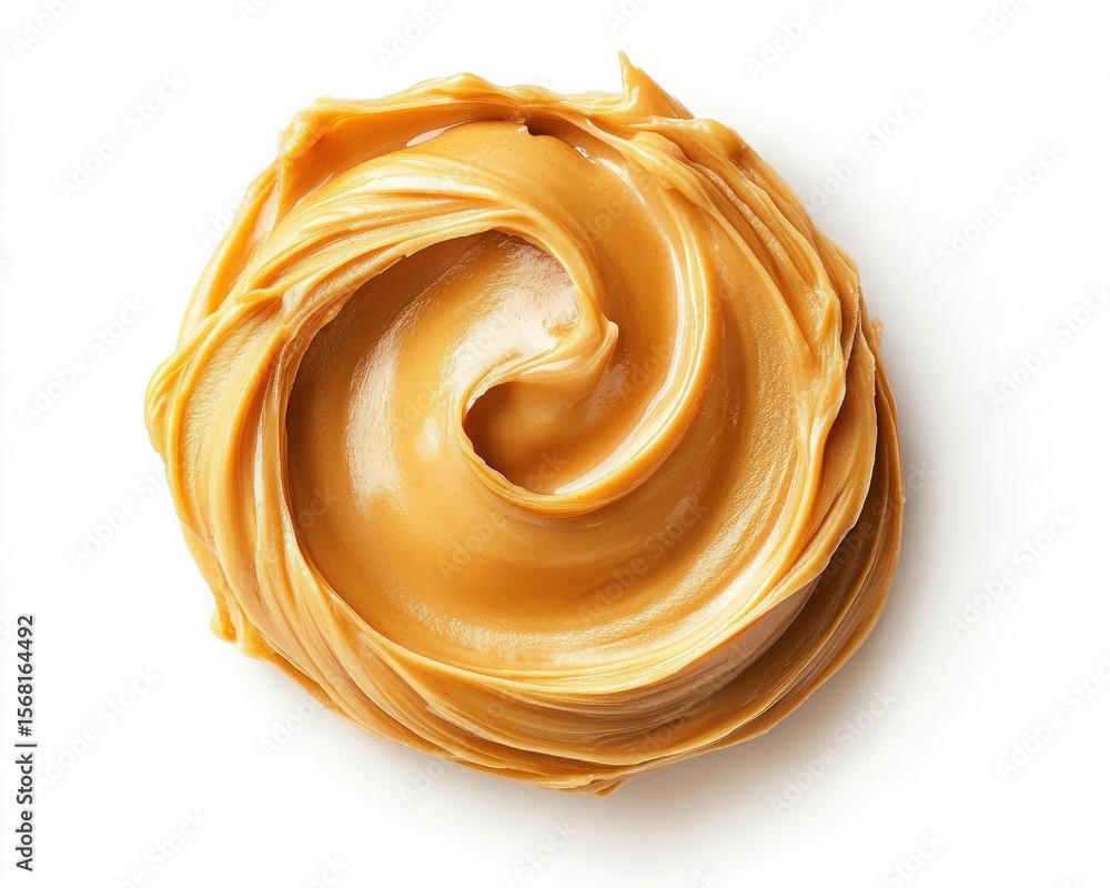 Poster swirled peanut butter on white background creating an appealing texture for food or culinary concept