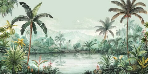 Wallpaper serene tropical landscape painting in pastel tones	
