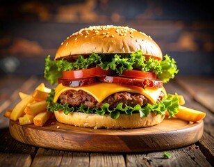 Juicy burger with fries on a wooden board