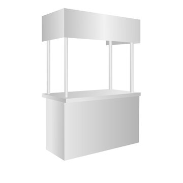Blank white promotional table booth stand mockup, front and side view. 3D rendering. Blank promotional pop-up exhibition mockup. Clear portable shop table template. Trade kiosk presentation