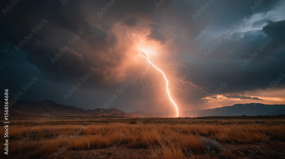 Poster lightning strikes field: a dramatic display of nature's power as a bolt of lightning illuminates a g