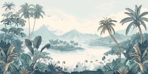 Wallpaper serene tropical landscape painting in pastel tones	
