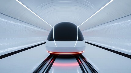 Futuristic maglev train front, minimalist design, stark white background, bright illumination, conceptual