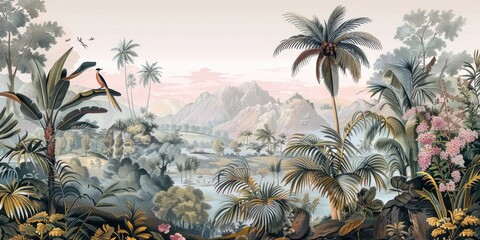 Naklejka premium Wallpaper serene tropical landscape painting in pastel tones 