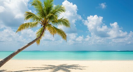 Fototapeta premium Serene tropical beach scene with a leaning palm tree, its shadow cast on the pristine white sand, overlooking tranquil turquoise water under a vibrant blue sky dotted with fluffy clouds