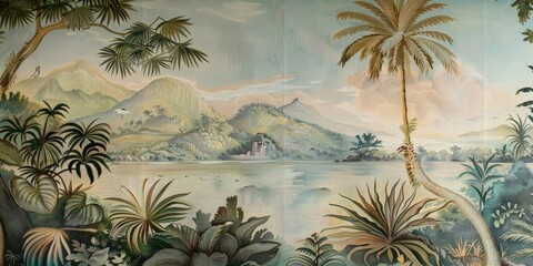 Wallpaper serene tropical landscape painting in pastel tones	
