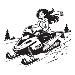 Happy young woman on a snowmobile outdoors on a sunny winter day image vector