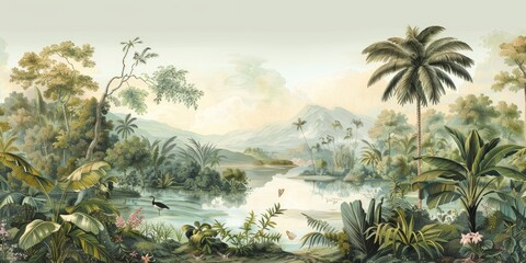 Wallpaper serene tropical landscape painting in pastel tones	
