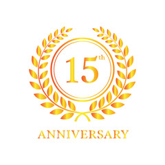Golden laurel wreath with number 15 and anniversary text isolated on white background